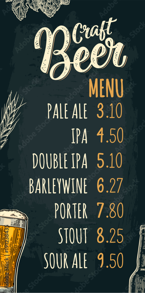 Restaurant or cafe menu beer with price. - obrazy, fototapety, plakaty 