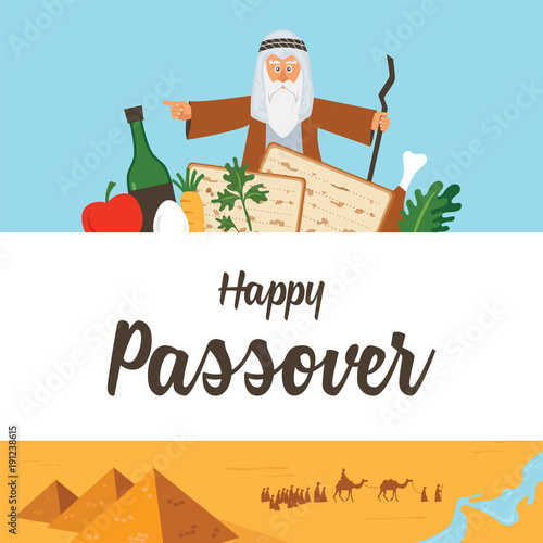 Passover Haggadah design template. The story of Jews exodus from Egypt. traditional icons and desert Egypt scene.