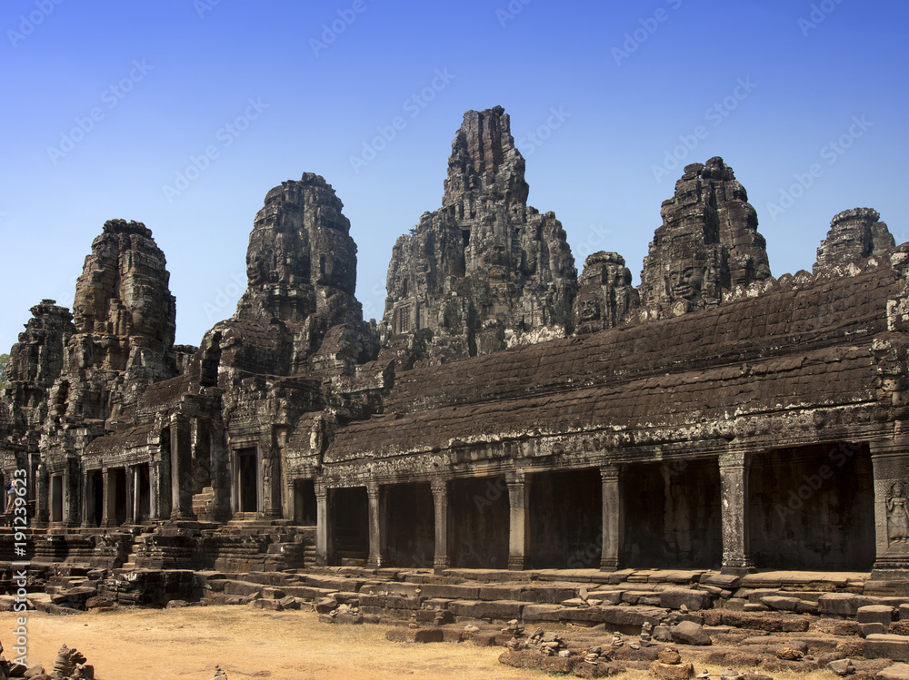 Ancient Bayon Temple ruins, 12th century, in Angkor Wat, Siem Reap, Cambodia.