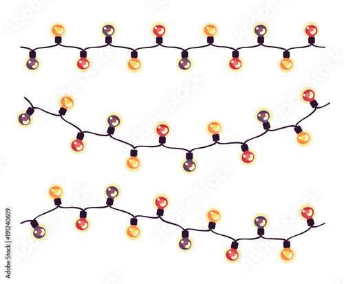 Set of multi-colored garlands for party lighting. Glowing twinkling light bulbs. Festive illumination