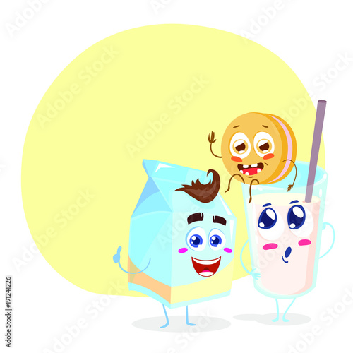 Funny family of milk, cookie and glass of milk with tube. Vector illustration isolated on white background with place for text.