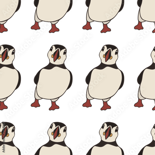 Vector seamless pattern with hand drawn atlantic puffins isolated on white background. Funny puffin character, beautiful design elements. Cute cartoon Icelandic puffin bird. Design for print or web.