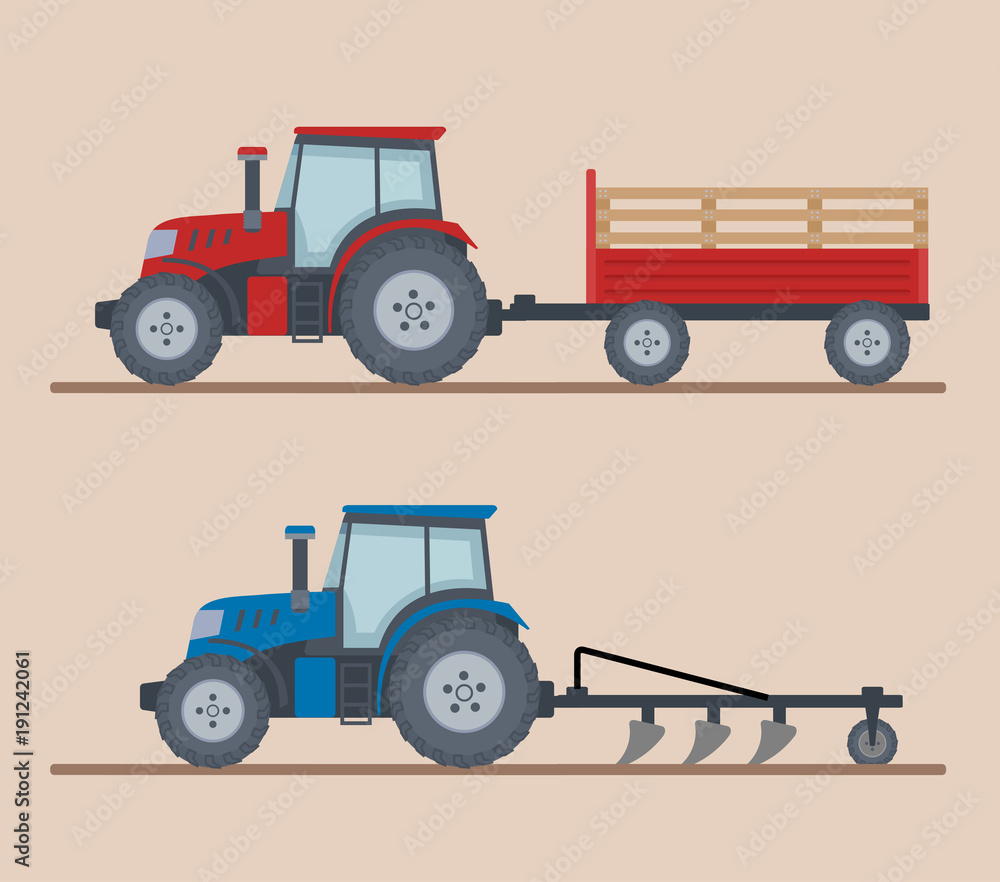 Obraz premium Two farm tractors isolated on beige background. Heavy agricultural machinery for field work. Flat style, vector illustration. 