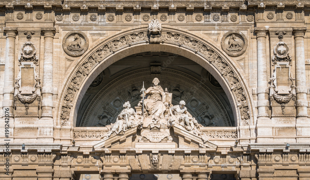 Statues on the main facade of the Justice Palace in Rome, Italy.