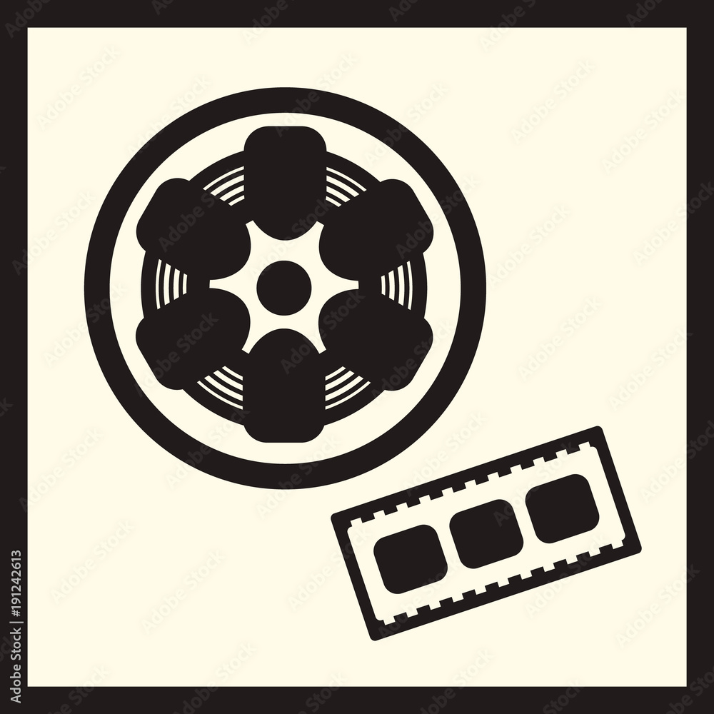 Film reel movie image. Isolated filmstrip element in minimal style. Video  tape logo, videotape sign. Film