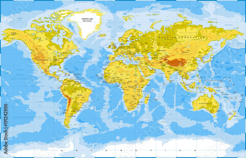 Fototapeta Naklejka Na Ścianę i Meble -  Political Physical Topographic Colored World Map Vector