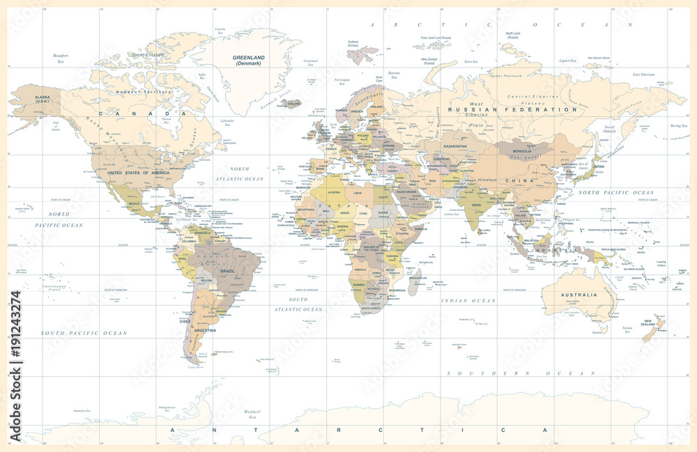 Fototapeta premium Vintage polityczna topograficzna kolorowy świat mapa wektor