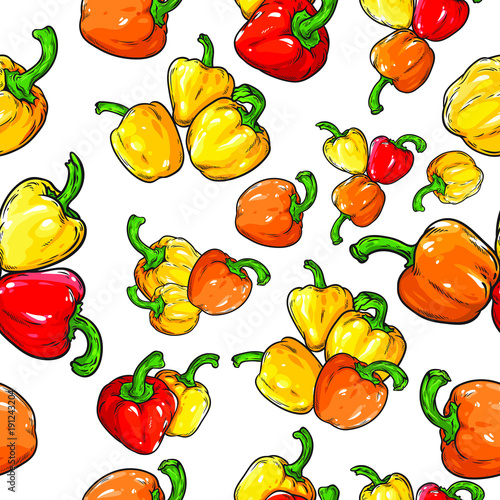 Repeat pattern with many different bell peppers, vector illustration isolated on white background, print for some cooking clothes