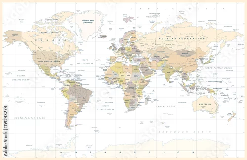 Obraz Vintage polityczny topograficzny kolorowy świat mapa wektor
