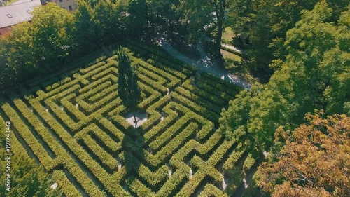 Hedge maze in city park. Labyrinth in the bushes. Beautiful summer in town, green trees. Woman is walking through a maze - 4K Drone Footage