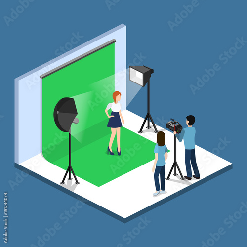 Movie set, photoshoot with staff and actors isometric 3D vector illustration