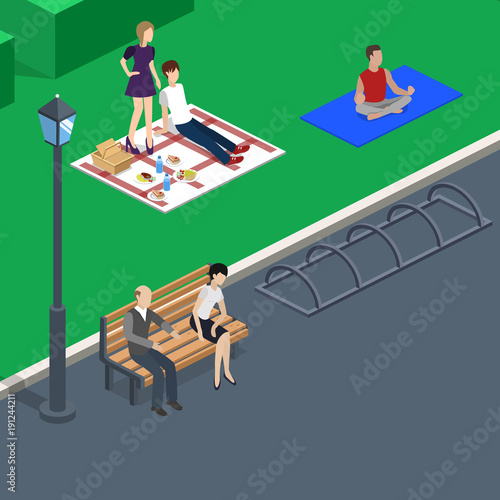 People relax in a green park vector illustration 3D isometric