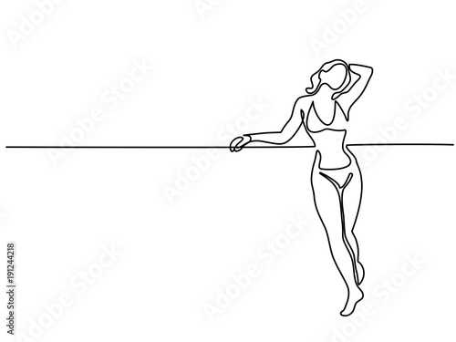 Continuous line drawing. Happy sunbathing woman stretching. Vector illustration