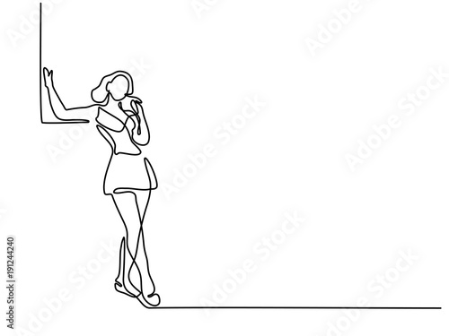 Continuous line drawing. Happy sunbathing woman stretching. Vector illustration
