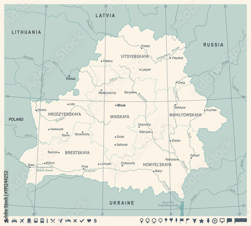 Fototapeta Naklejka Na Ścianę i Meble -  Belarus Map - Vintage Detailed Vector Illustration