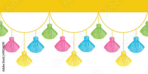 Vector Fun Colorful Decorative Tassels Set Horizontal Seamless Repeat Border Pattern. Great for handmade cards, invitations, wallpaper, packaging, nursery designs.