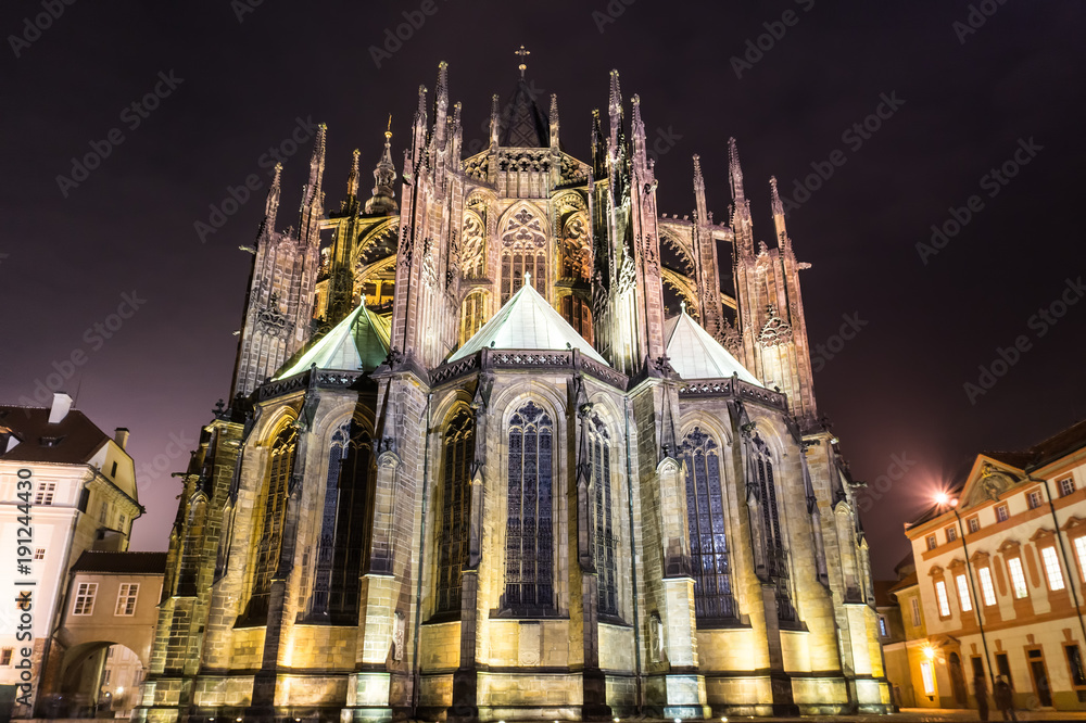Gothic St. Vitus' Cathedral on Prague Castle in the Night, Czech Republic. Concept of Europe travel