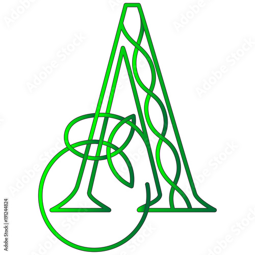 Letter A in Celtic style with knot of shamrock