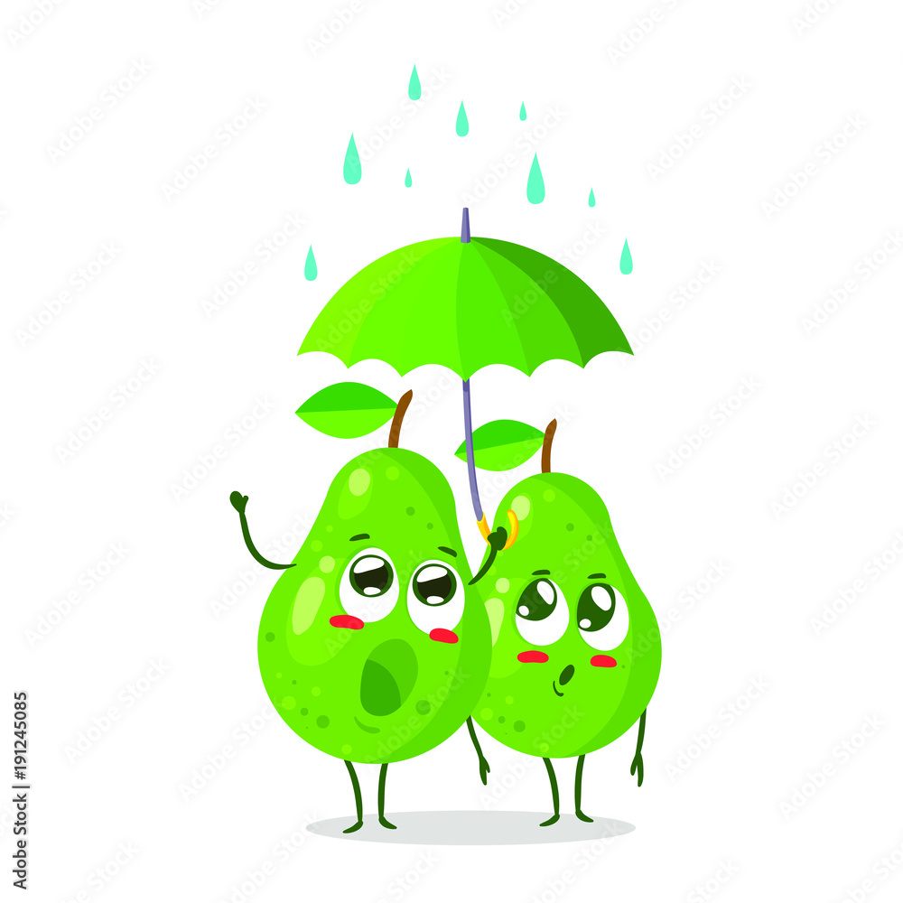 Obraz premium Two characters of pear with umbrella. Rain and lightning. Vector illustration isolated on white background. Cartoon style