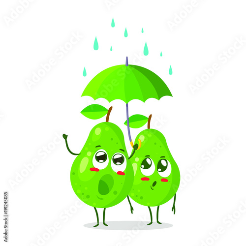 Two characters of pear with umbrella. Rain and lightning. Vector illustration isolated on white background. Cartoon style