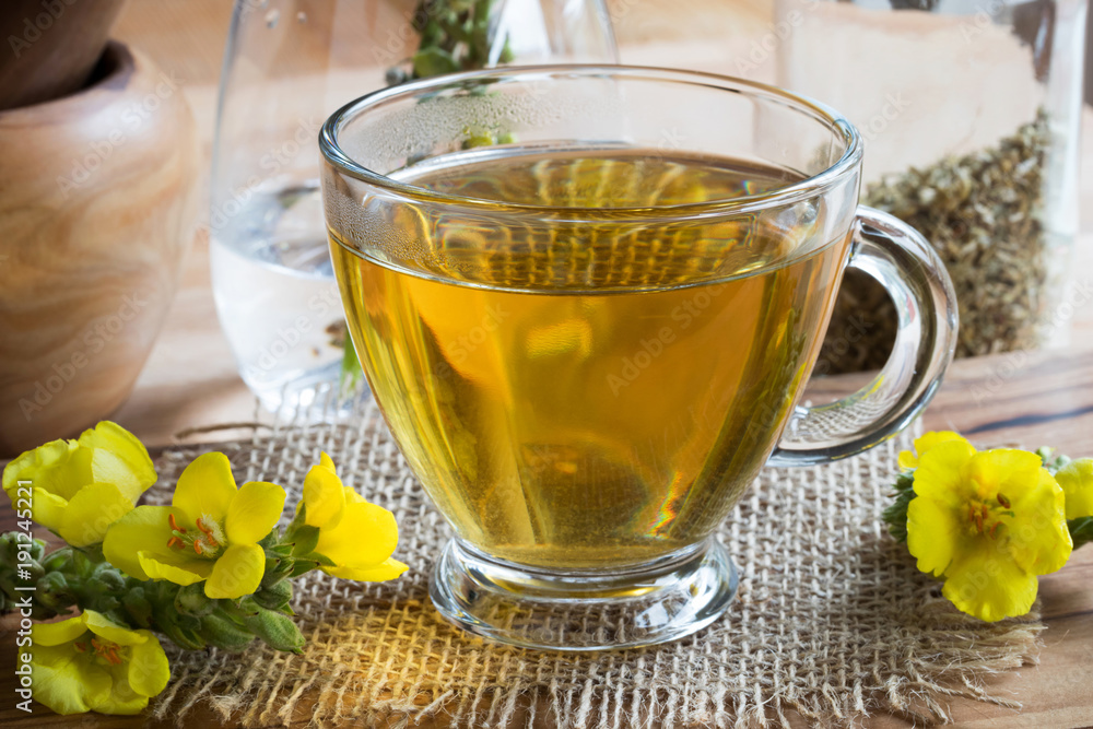 A cup of mullein (verbascum) tea with mullein flowers A cup of mullein (verbascum) tea with mullein flowers
