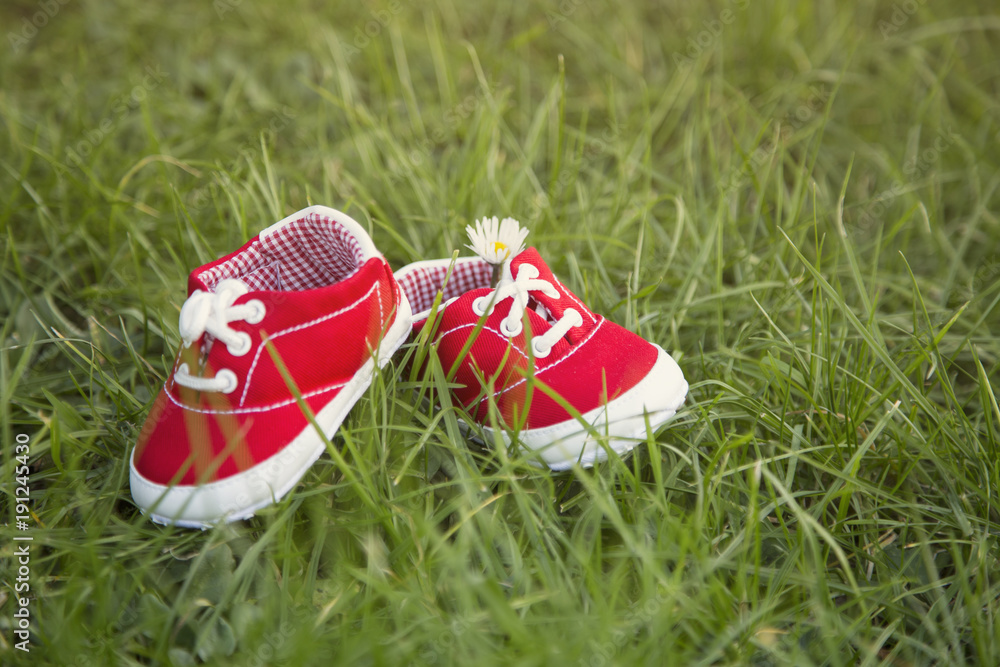 Fototapeta premium red baby shoe with green grass background 