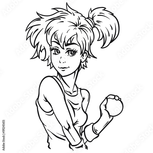 Girl in black and white colors. Girl with ball. Vector illustration isolated on white background. Line art style. Cartoon character.