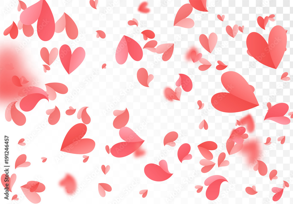 Falling red and pink confetti hearts isolated on transparent background.