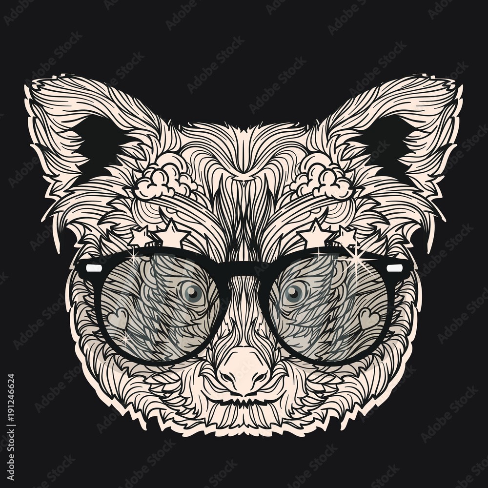 Vector ornament face of red panda with fashion eyeglasses. Isolated on dark background.