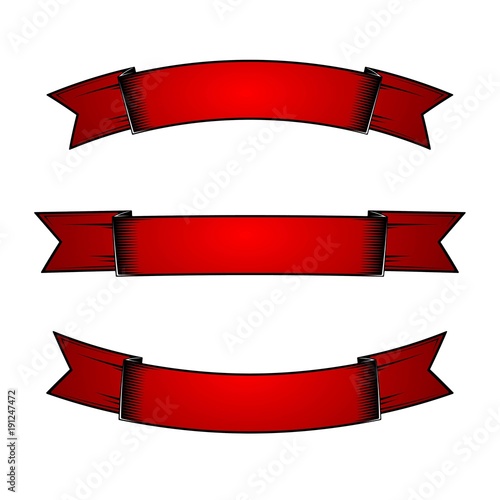 Red vintage ribbon set on white background.  Vector Ilustration. 