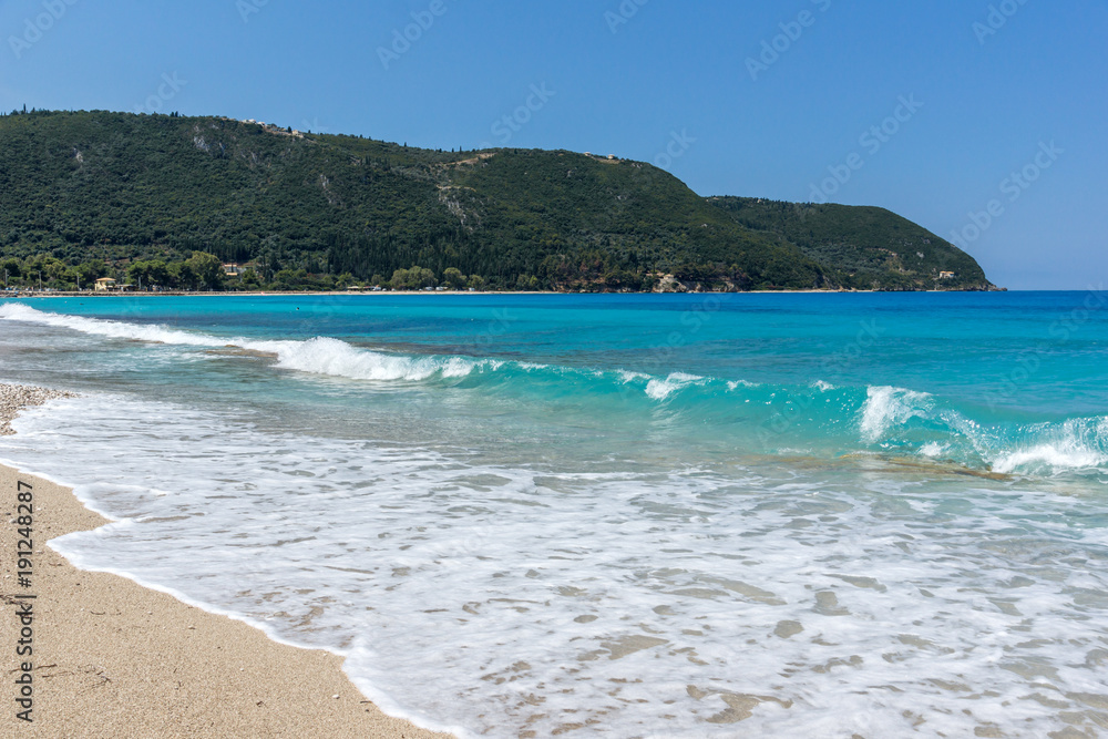 Panoramic view of Girapetra Beach with blue waters, Lefkada, Ionian Islands, Greece