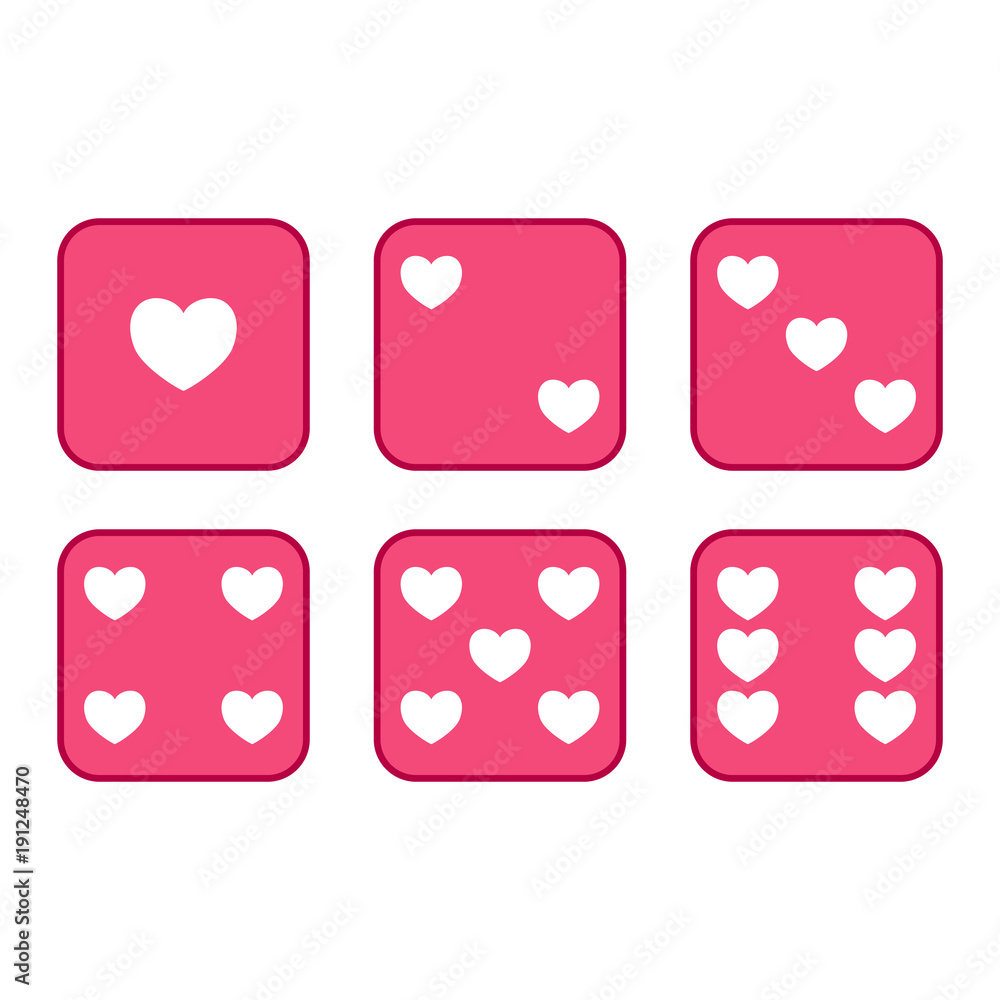 Flat, pink heart six sided dice set