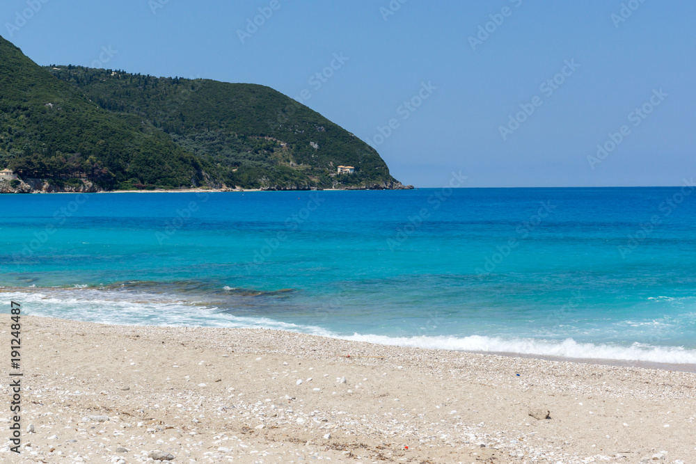 Panoramic view of Girapetra Beach with blue waters, Lefkada, Ionian Islands, Greece Panoramic view of Girapetra Beach with blue waters, Lefkada, Ionian Islands, Greece