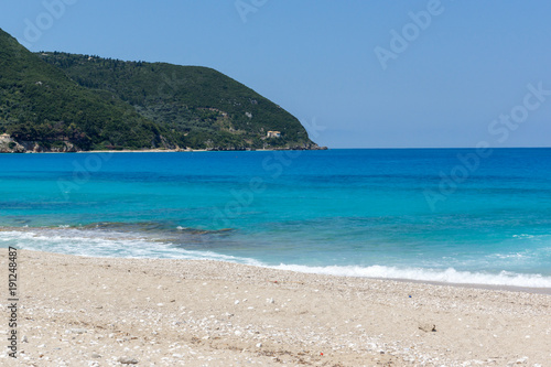 Panoramic view of Girapetra Beach with blue waters, Lefkada, Ionian Islands, Greece © Stoyan Haytov