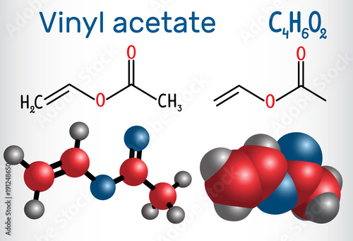 Vinyl acetate molecule. It is the precursor to polyvinyl acetate (PVA) . Structural chemical formula and molecule model