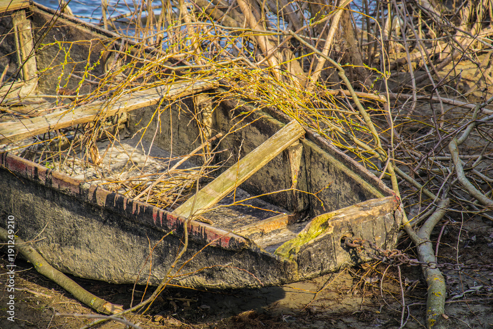 Naklejka premium old abandoned boats on the Danube River
