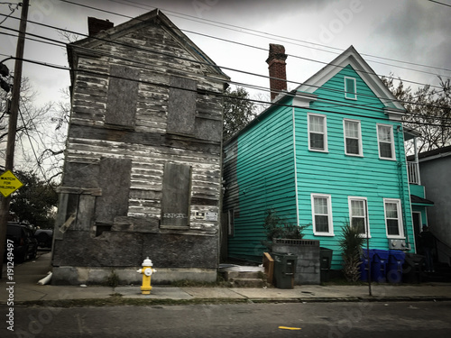 turquoise house and boarded house photo