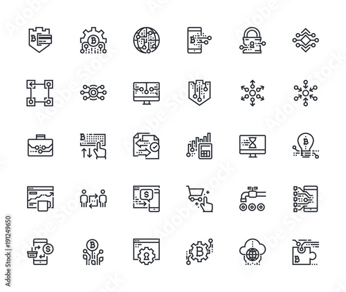 Set of thin line cryptocurrency icons. Premium quality outline symbol collection of blockchain technology, bitcoin, altcoins, mining, finance, digital money market, cryptocoin wallet, stock exchange.