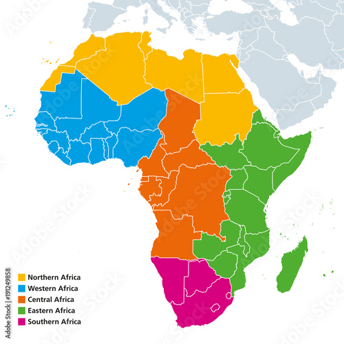 Africa regions political map. United Nations geoscheme with single countries. Northern, Western, Central, Eastern and Southern Africa in different colors. English labeling. Illustration. Vector. photo