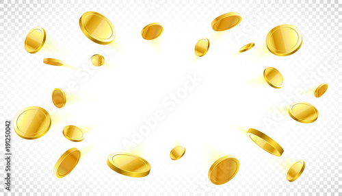 Explosion of gold coins with place for text on transpaternt background photo