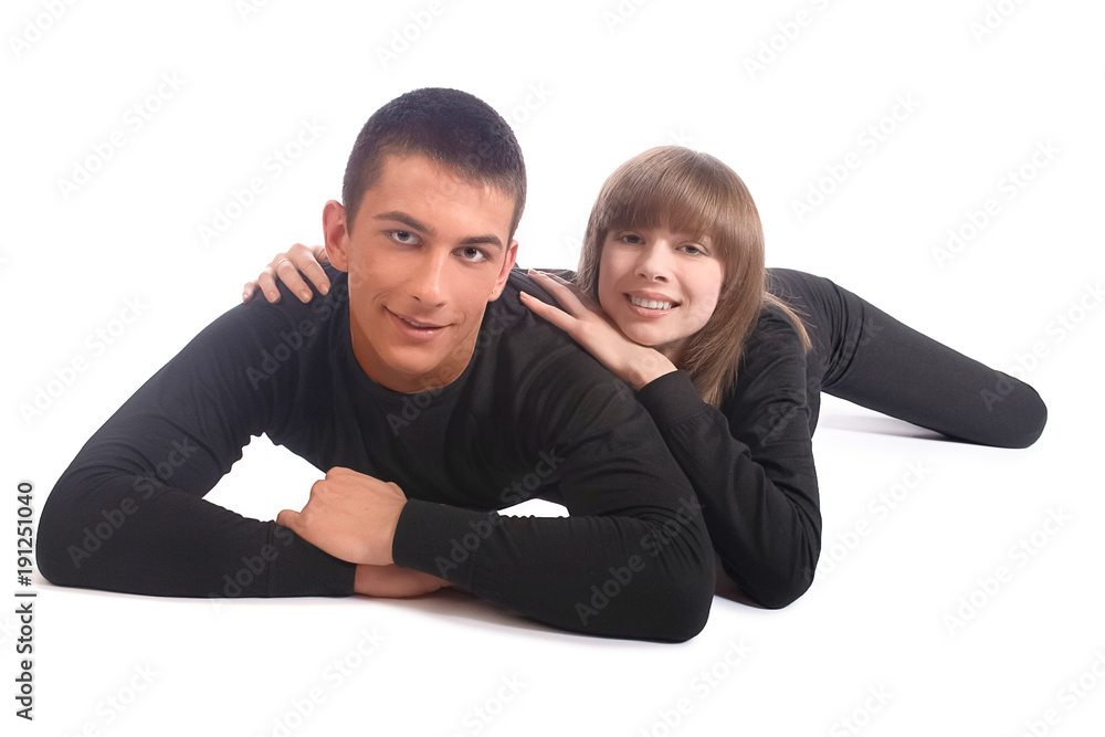 Man and woman in thermal underwear for active sport. Man and woman wearing Thermolinen isolated on white background. Longsleeve and leggings Man and woman in thermal underwear for active sport. Man and woman wearing Thermolinen isolated on white background. Longsleeve and leggings