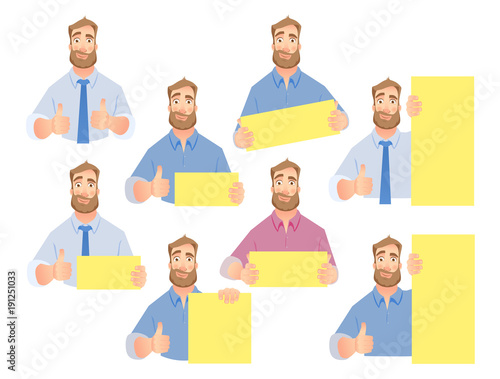 Businessman holding blank sign - set