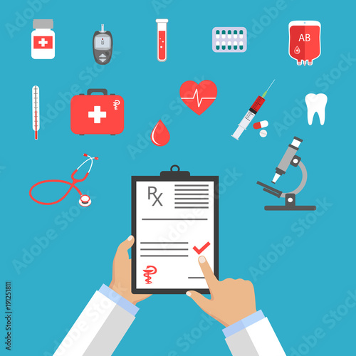 Pharmaceutics banner set. Doctor makes medical prescription. Medicines, microscope, tablets, ampulla, bottles, syringe, bag. Stethoscope icon.
