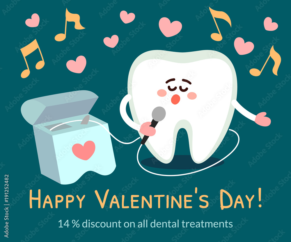 Singing cartoon tooth with dental floss. Happy Valentine’s Day
