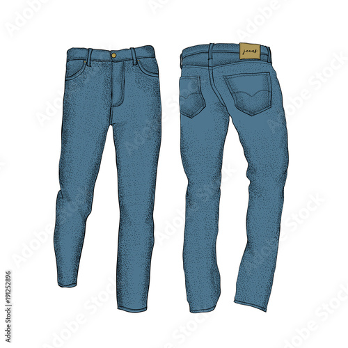 Blank templates of men's jeans in front and back views. Isolated on white background. Casual style. Hand drawn vector illustration for your fashion design.