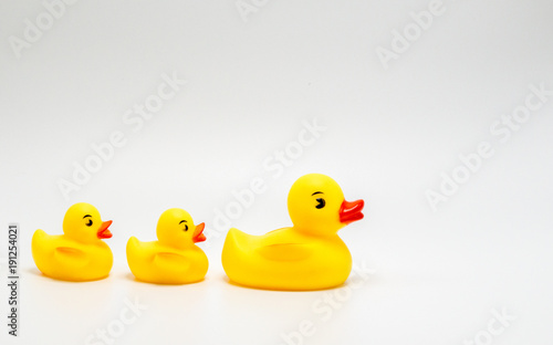 3 bright yellow rubber ducks in a row isolated on a solid background