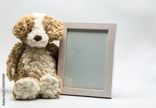 Photography plush toy teddy bear and empty picture frame to customize with photo isolated on