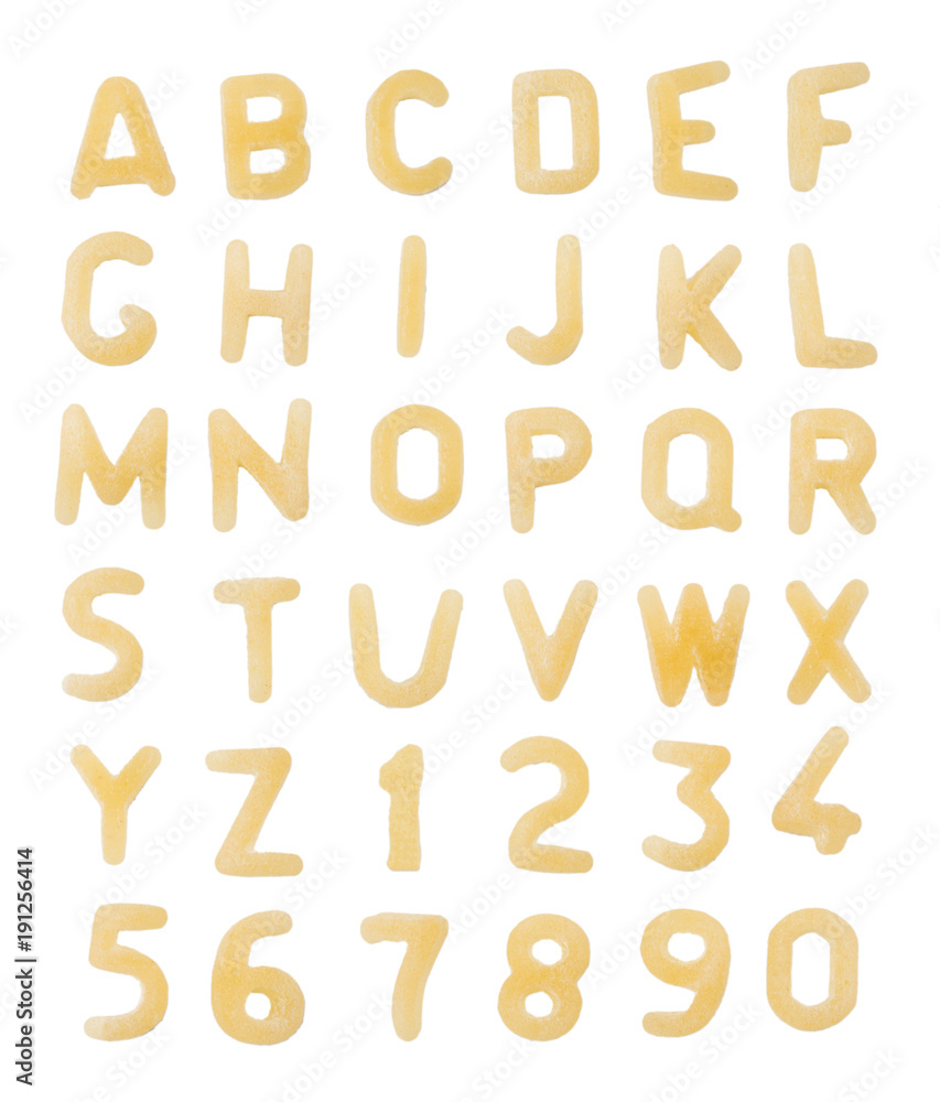 Alphabet made of macaroni letters isolated on white background