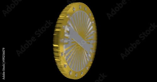 flying and rotating golden bitcoin in slow motion against the black background with alpha mask, 3d rendering