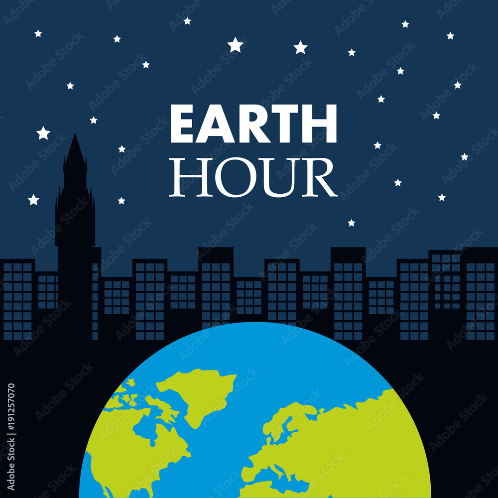 earth hour globe world city night star sky vector illustration